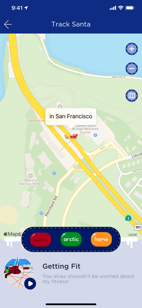 Santa Tracker app map showing Santa sleigh in San Francisco and current activity Getting Fit