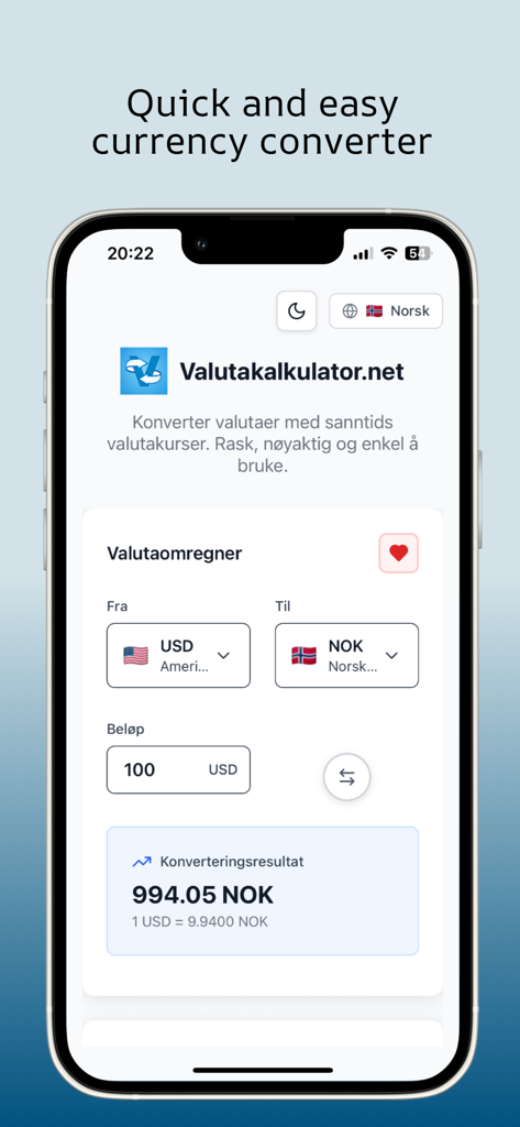 Valutakalkulator.net - iPhone screenshot of the Valutakalkulator currency converter app showing a conversion from USD to NOK