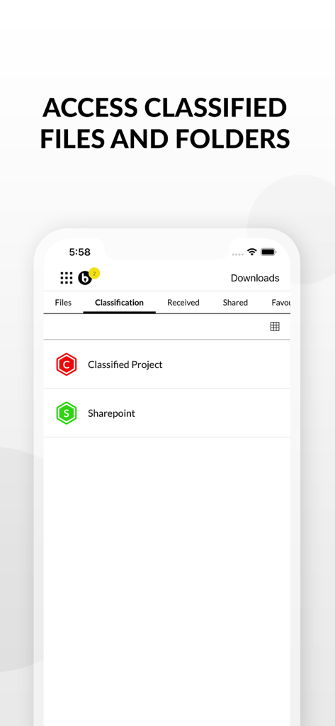 Boolebox - Interfaccia dell'app mobile Boolebox che mostra l'accesso a file classificati e cartelle SharePoint.