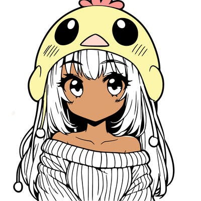 anime girl with chick shaped hat with sweater with bare shoulders with bangs covering them one eye with low tail