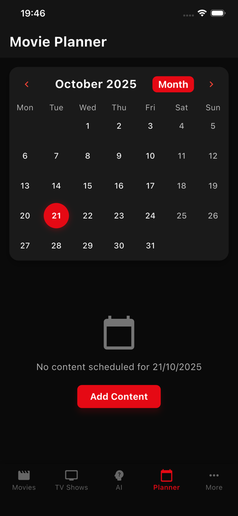 NetMirror : TV Shows & Movies - A dark mode mobile app interface showing a Movie Planner calendar for October 2025 with a red Add Content button.