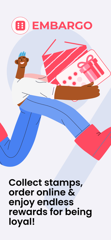 Illustrazione di una persona che corre con una tessera digitale a timbri e una scatola regalo per Embargo Wallet