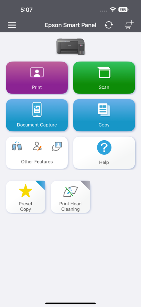 The home screen of the Epson Smart Panel app featuring colorful action tiles for print scan and copy functions