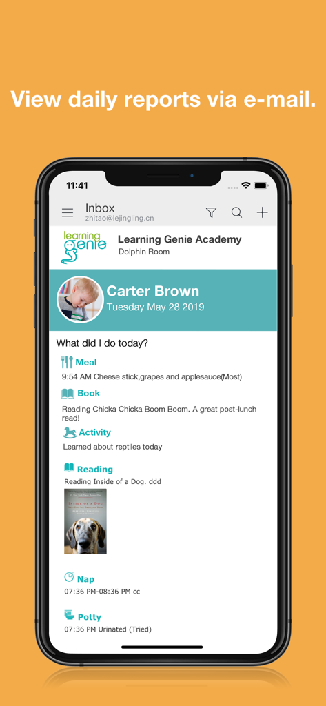 Learning Genie for Parents - Learning Genie app interface displaying a child's daily report with school activities, meals, and nap times.