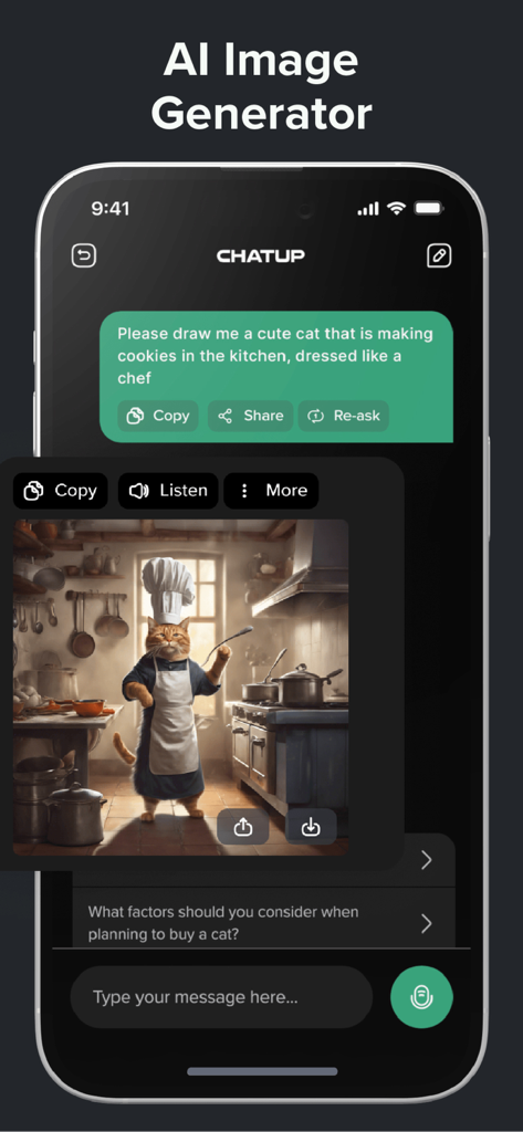 ChatUp AI - Chat Bot Assistant - ChatUp AI app interface showing an AI image generator producing a cat dressed as a chef based on a text prompt