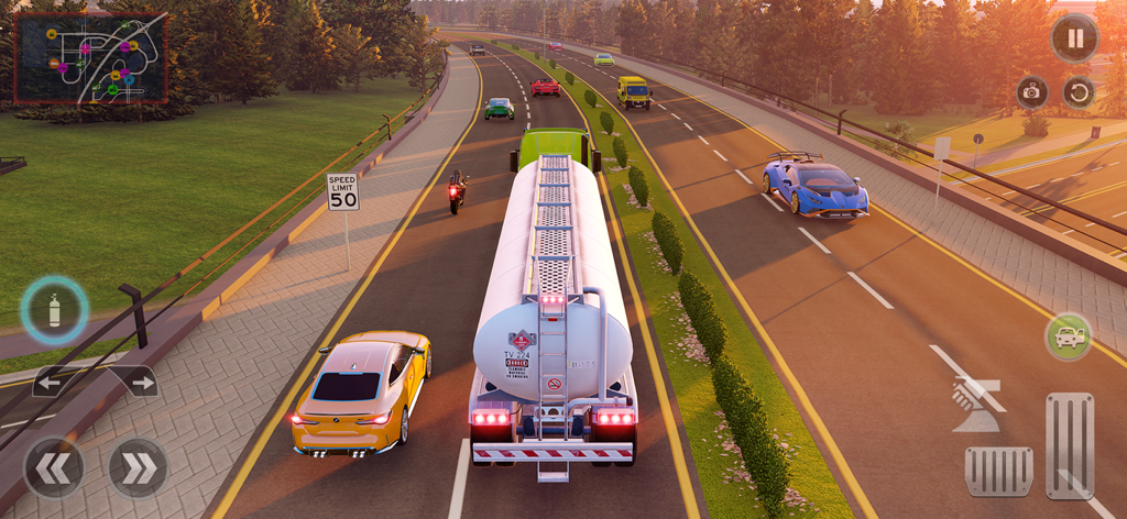 Truck Driving Games Simulator - A white fuel tanker truck driving on a multi-lane highway with other cars during sunset