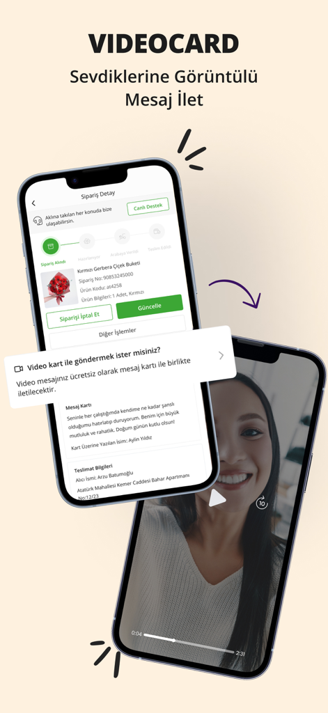 Ciceksepeti app screen demonstrating how to add a personalized video message to a gift order