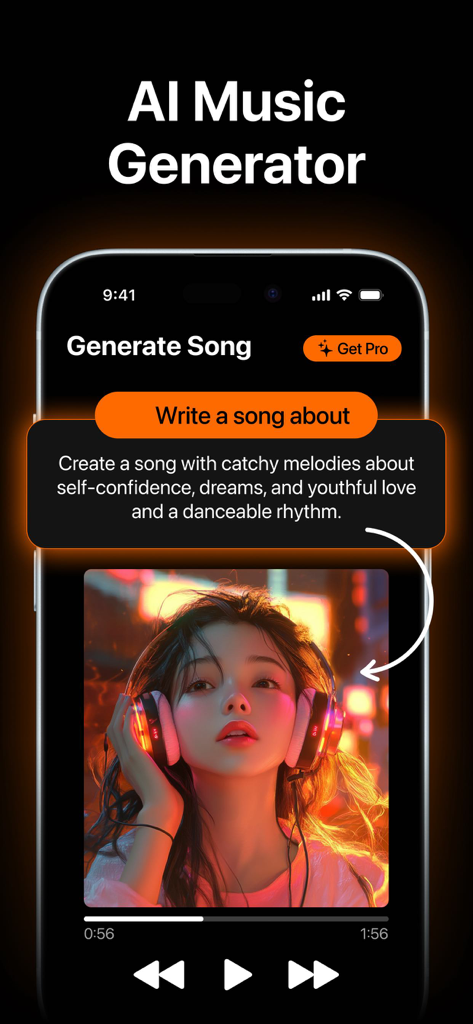 PLAI: AI Music Generator - Mobile interface of PLAI AI Music Generator showing a song creation prompt and generated album artwork with playback controls.