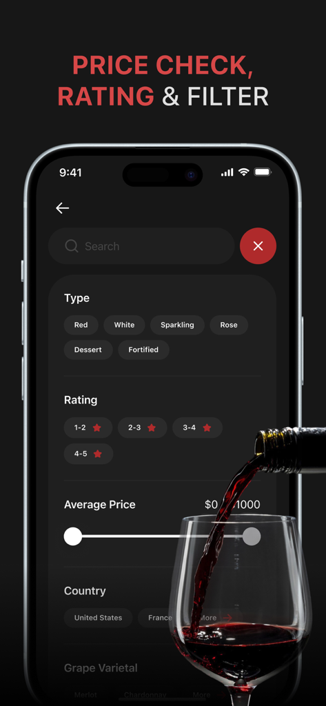 Interfaz de búsqueda de la aplicación Wine Scanner con filtros por tipo de vino, calificación y rango de precios