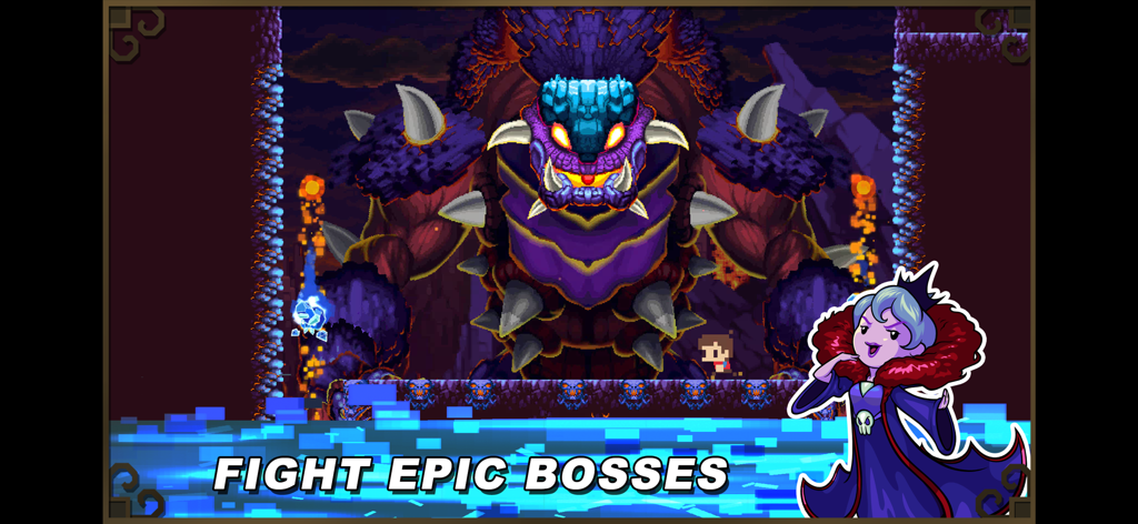 Adventures of Pip - Pip facing off against a giant purple monster boss in the pixel art platformer Adventures of Pip