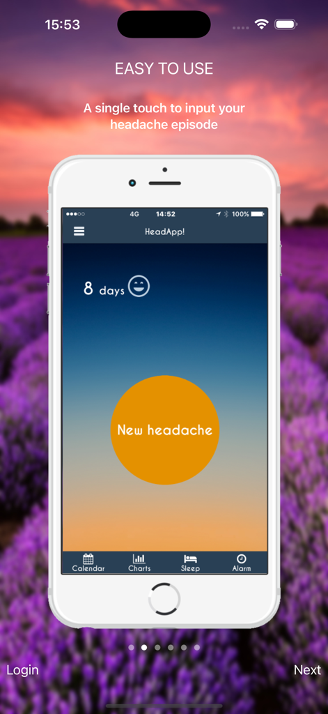 Main interface of HeadApp Migraine Diary showing an orange button to log a new headache and a summary of headache free days