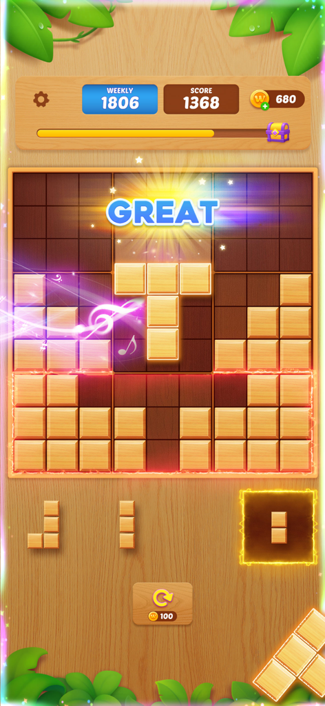 Block Crush: Wood Block Puzzle - A screenshot of Block Crush showing a wooden puzzle grid with a Great achievement message