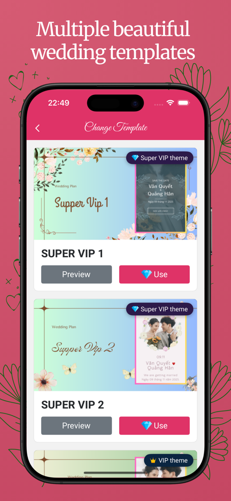 Interfaccia dell'app Wedding Plan che mostra vari modelli di siti web nuziali personalizzabili.
