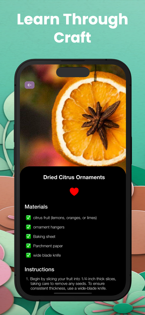 DIY: Learn Craft Offline - Una pantalla móvil que muestra un tutorial DIY paso a paso para hacer adornos de cítricos secos con una lista de materiales e instrucciones
