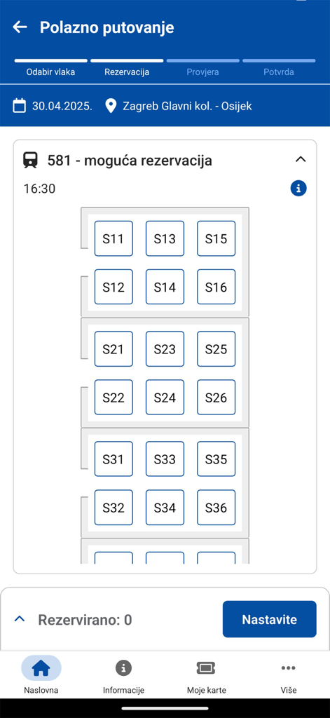 HŽPP mobile app seat selection screen for train travel