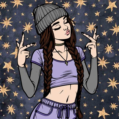 realistic teenage girl with braids and a beanie and crop top doing 🫶🏼