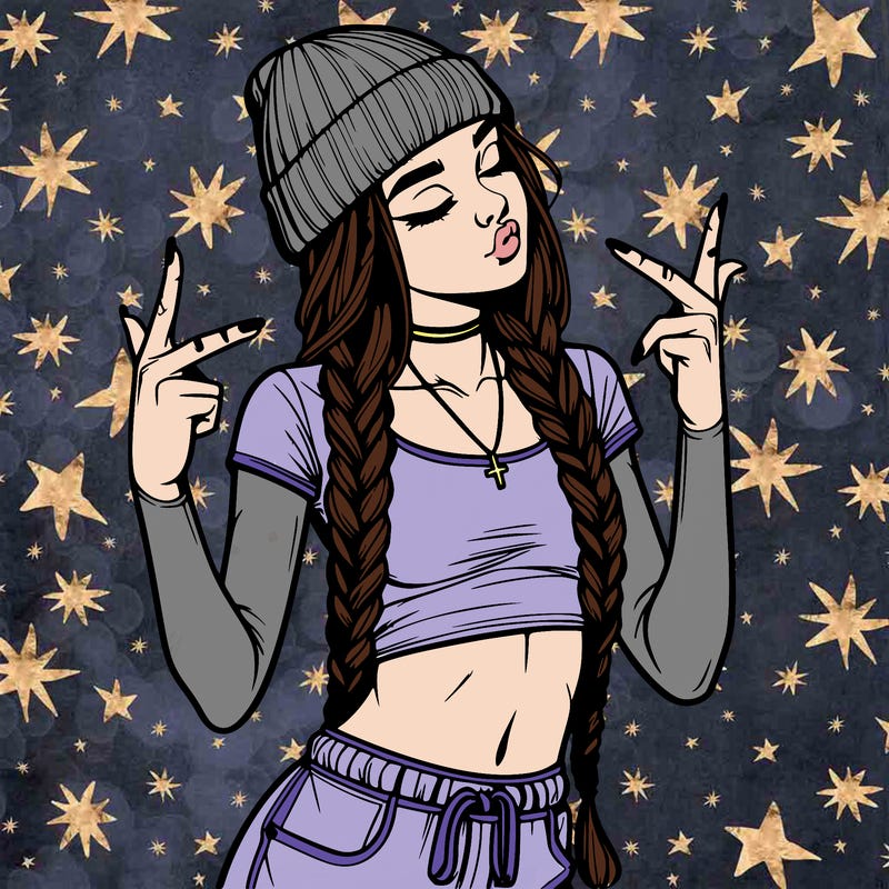 realistic teenage girl with braids and a beanie and crop top doing 🫶🏼