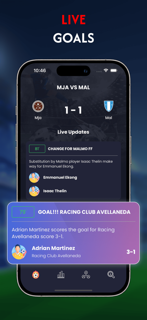 Live Football TV : HD Sports - Smartphone screen showing live football match scores and real-time goal notifications.