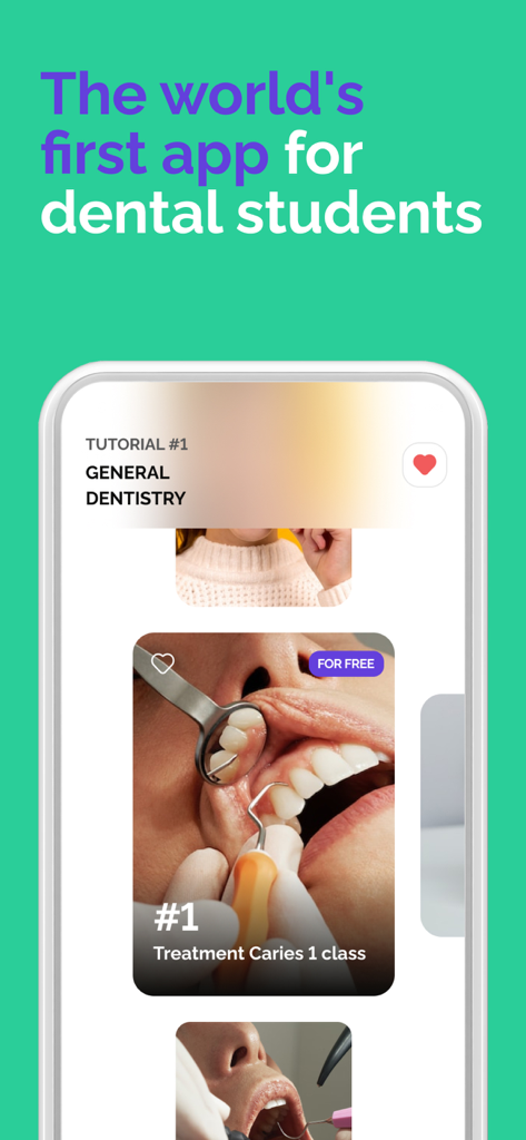 덴탈 스킬 모바일 앱 인터페이스가 클래스 1 충치 치료를 위한 임상 비디오 튜토리얼을 보여줍니다.