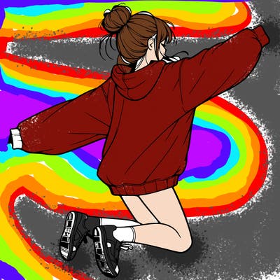 realistic girl jumping with a bun and oversized sweatshirt