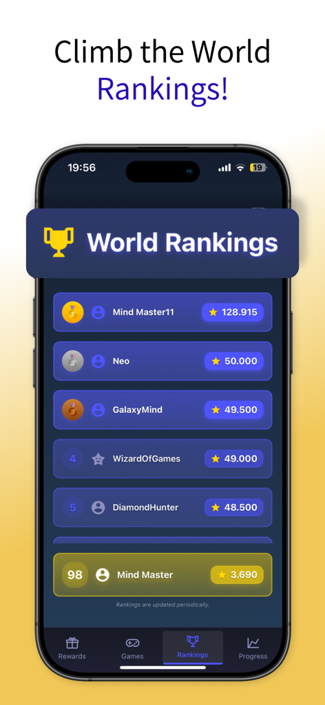 Mind Master: Brain Tests - Pantalla de la tabla de clasificación de rankings mundiales en la aplicación de entrenamiento cerebral Mind Master que muestra las puntuaciones de los mejores jugadores.