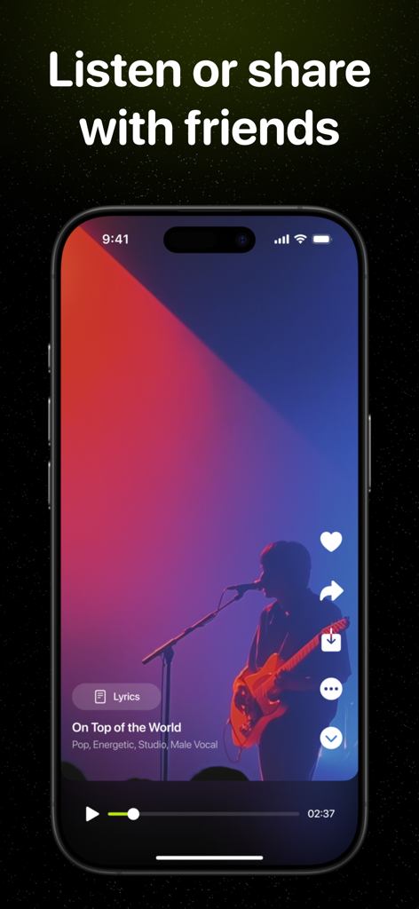 Pantalla del reproductor de música en la aplicación Song AI con opciones para escuchar y compartir pistas generadas.