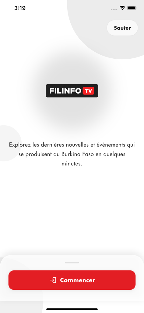 FILINFO TV - Filinfo TV app onboarding screen featuring a start button and summary of news from Burkina Faso
