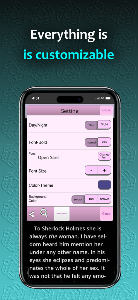 Gutenberg Reader PRO app settings menu showing font and theme customization options
