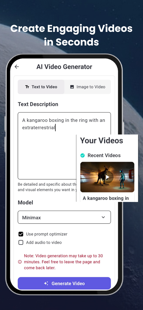 Galaxy.ai - Interface of Galaxy.ai app showing the text to video generator tool with a prompt and model selection.