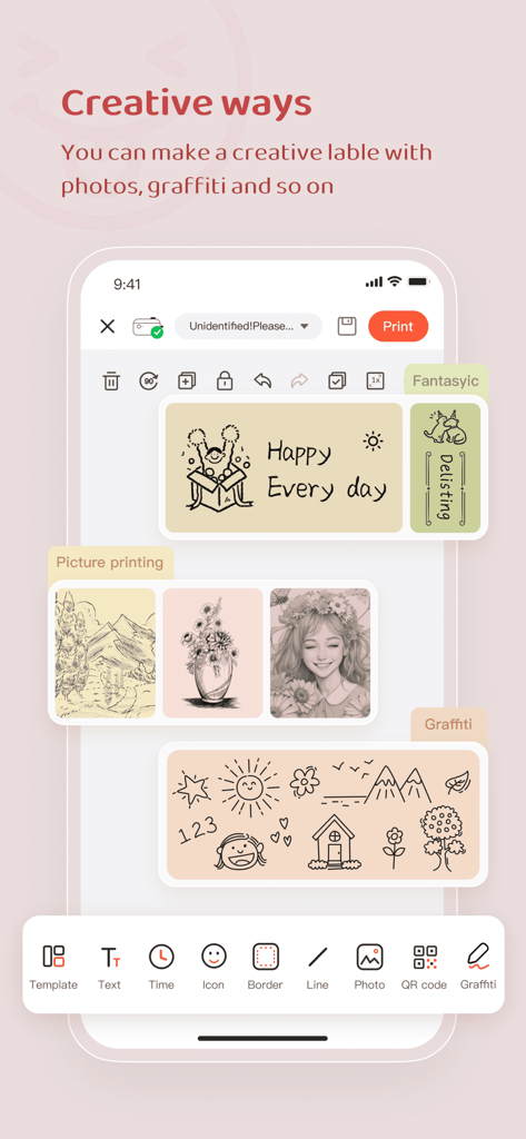 NIIM app screen showing creative label design options including photos and hand-drawn doodles