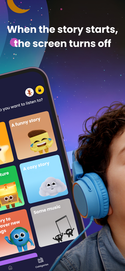 Alma Studio: Listen & Relax - A child listening to audio stories with blue headphones on the Alma Studio mobile app