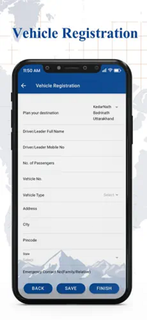 Tourist Care Uttarakhand - A mobile screen showing the vehicle registration form for travelers in Uttarakhand