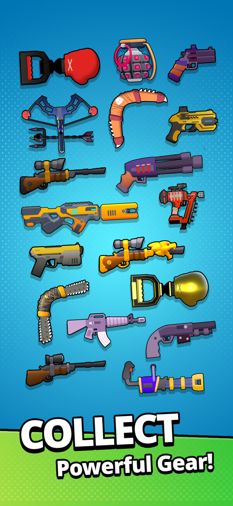 A collection of various weapons and gear like guns grenades and boomerangs to collect in Z Survivor