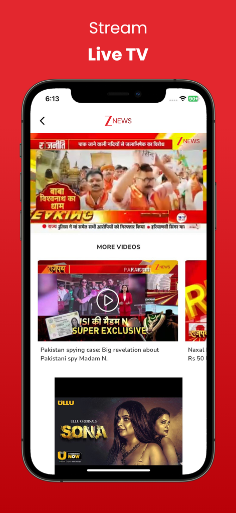 Zee News Live - A smartphone displaying the Zee News Live app interface with a live TV stream and news video segments