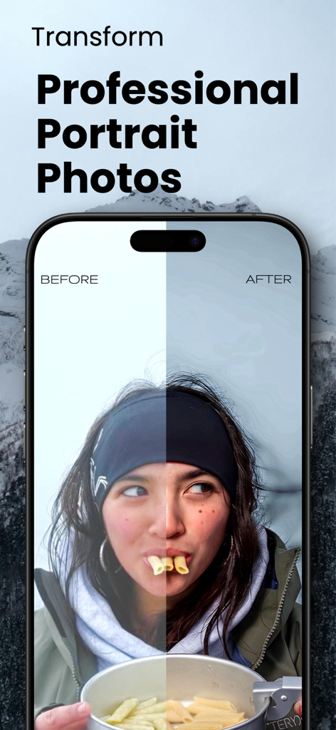 Pecra: Pro Camera Finish - Before and after comparison of a portrait photo transformed with professional camera-style lighting and detail