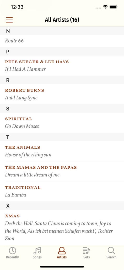 Song Book Pro - Song Book Pro app interface displaying an alphabetical list of musical artists and their songs.