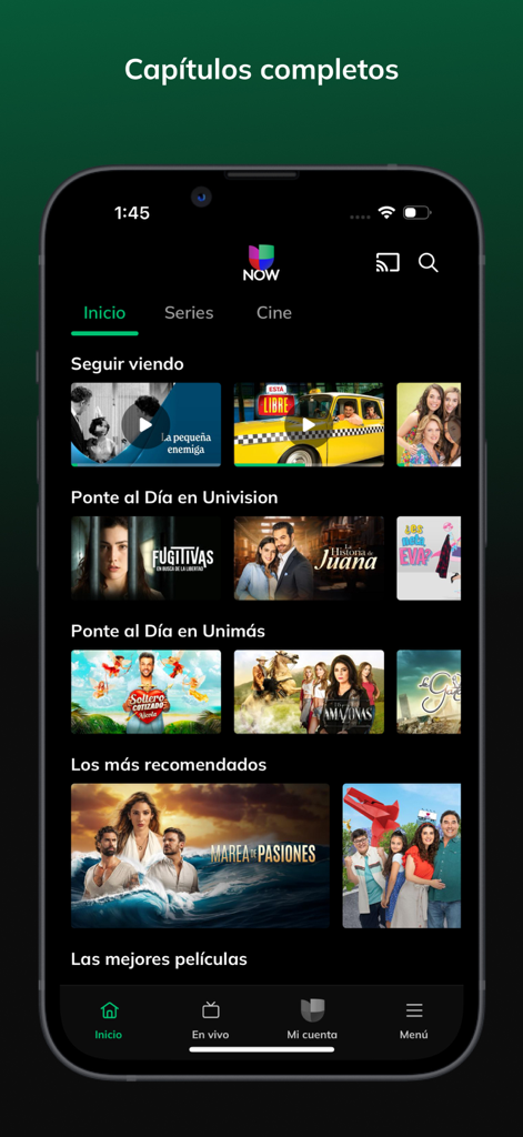 Univision Now - Univision Now mobile app home screen interface displaying categories of Spanish-language shows and movies