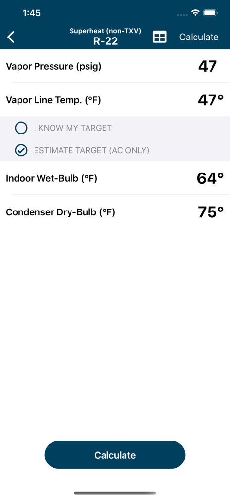 HVACR Check and Charge mobile app screen for R22 superheat calculation showing pressure and temperature inputs