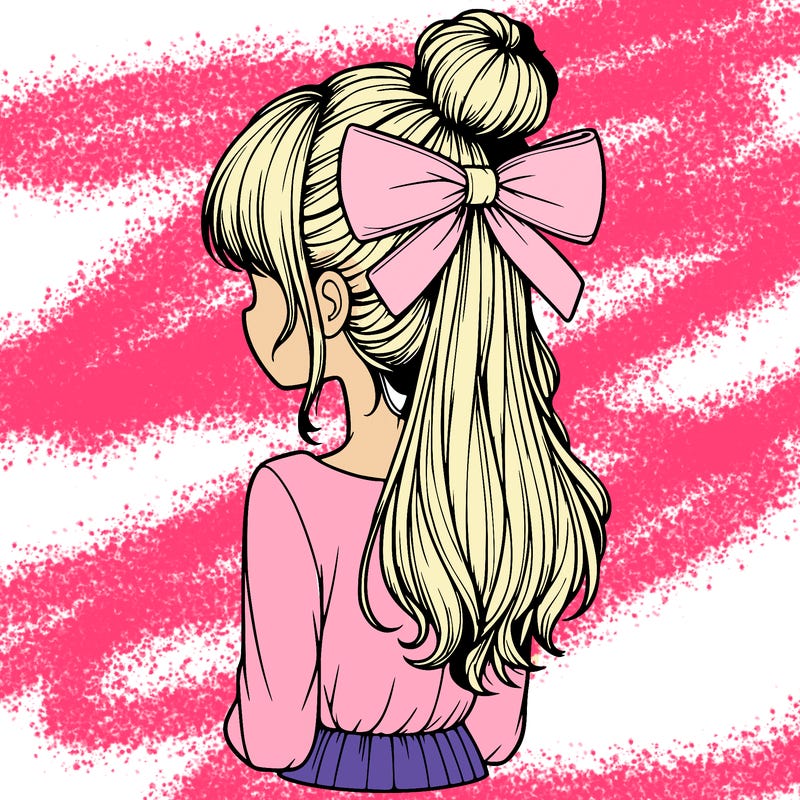 realistic girl  with hip length hair a bun and a big bow on the back of head