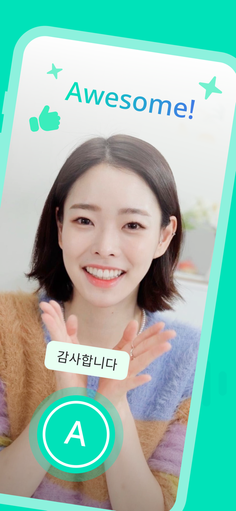 Teuida: Learn Languages - Teuida app screen showing a first-person POV Korean speaking lesson with a smiling tutor and positive feedback.