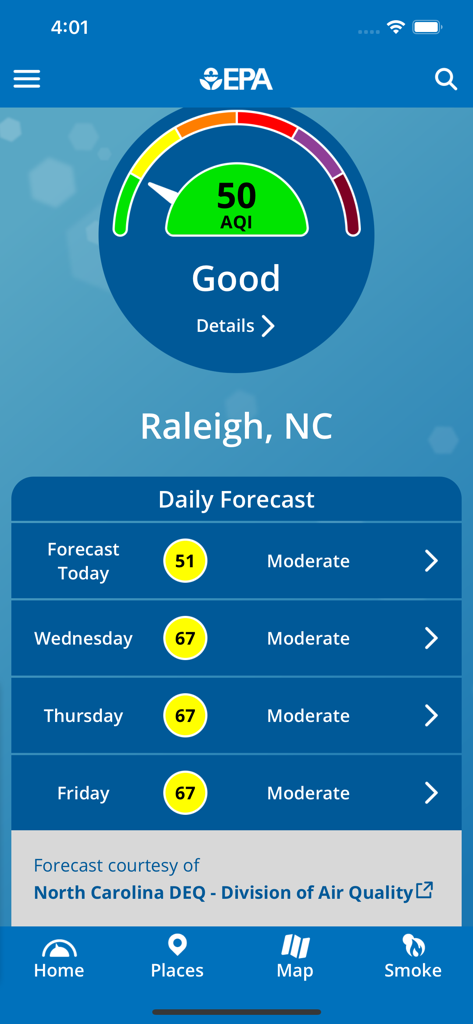 EPA AIRNow - La interfaz de la aplicación EPA AIRNow muestra un índice de calidad del aire bueno de 50 y un pronóstico de cuatro días para Raleigh NC.