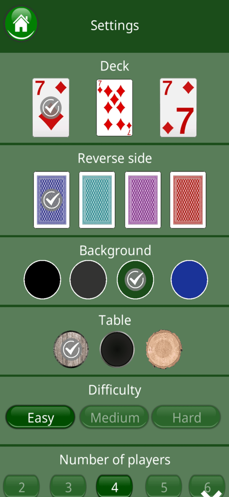 Menu de configurações do Durak Card Online Game mostrando opções para personalizar baralhos, dorsos de cartas, fundos, dificuldade e número de jogadores.