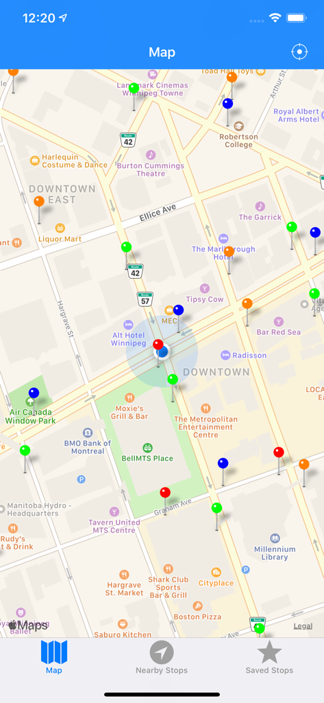 Map interface of the Winnipeg Bus Live app displaying bus stop pins across downtown Winnipeg