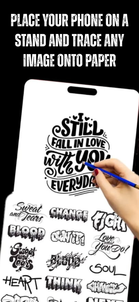Draw Anime - AR Tracing - Una mano trazando un diseño de arte de texto sobre papel usando la interfaz de la aplicación de dibujo de RA