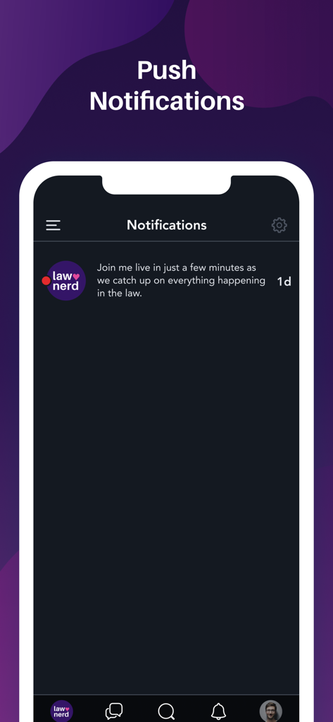Smartphone screen displaying push notifications from the Law Nerd app about upcoming legal livestreams