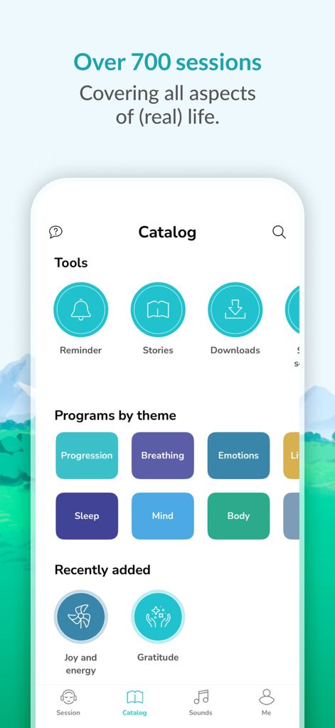 Interfaz del catálogo de la app Petit BamBou que muestra varias categorías de meditación como sueño, respiración y emociones