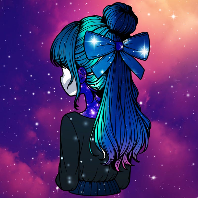 realistic girl  with hip length hair a bun and a big bow on the back of head