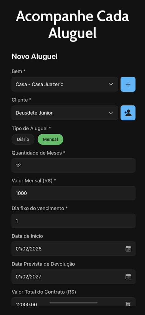 Rental Control: House, Car etc - Una pantalla de aplicación móvil que muestra un formulario para registrar un nuevo contrato de alquiler con campos para el tipo de propiedad, el nombre del cliente, el precio mensual y las fechas.