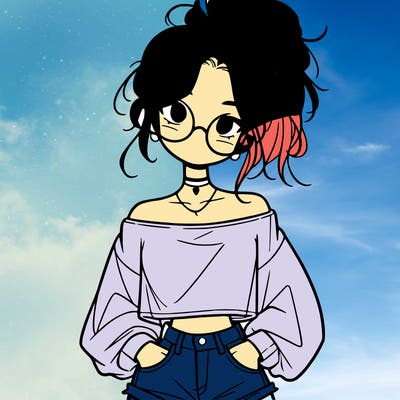 girl with a messy ponytail glasses a baggy crop top and jean shorts