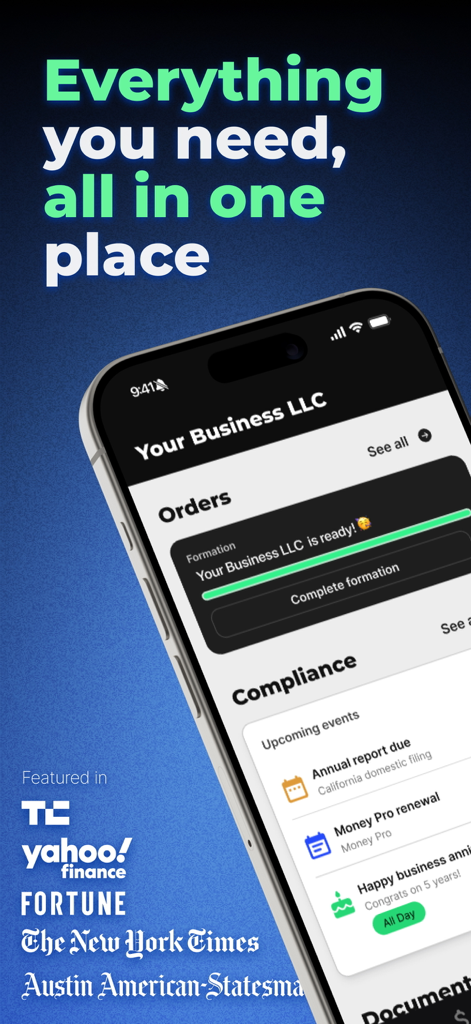 ZenBusiness app dashboard showing LLC formation status and upcoming compliance tasks.